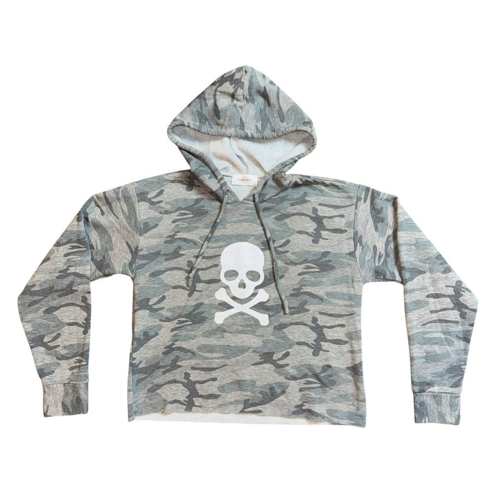 Soulcycle Gray Camo Skull Crossbones Woman's Cropped Hoodie Medium‎